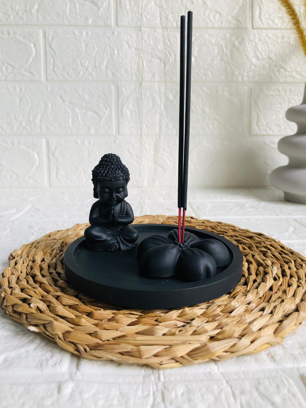 Mini Buddha Cement Statue & Flowers Incense Holder