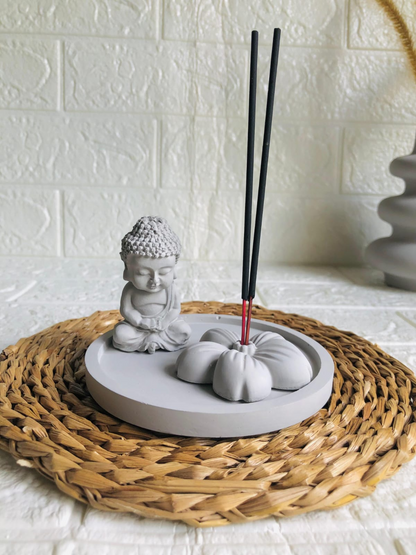 Mini Buddha Cement Statue & Flowers Incense Holder