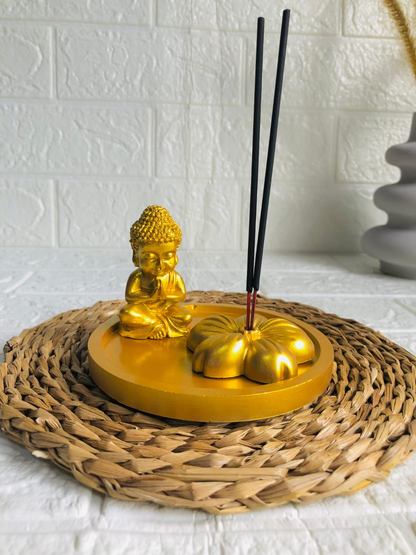 Mini Buddha Cement Statue & Flowers Incense Holder