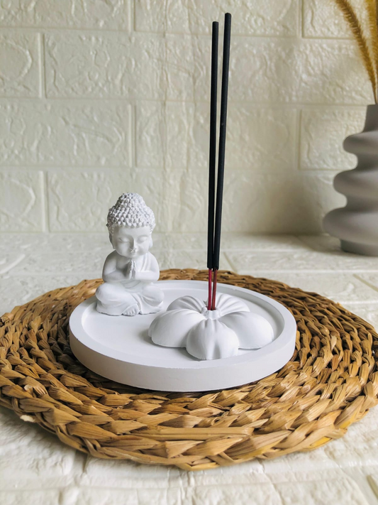 Mini Buddha Cement Statue & Flowers Incense Holder