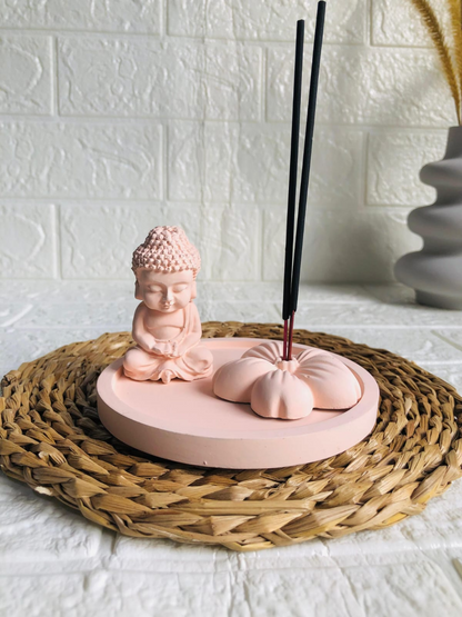 Mini Buddha Cement Statue & Flowers Incense Holder